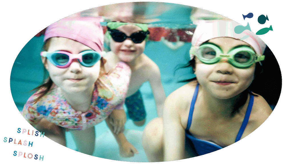 Three young children practicing swimming skills with In The Deep instructor
